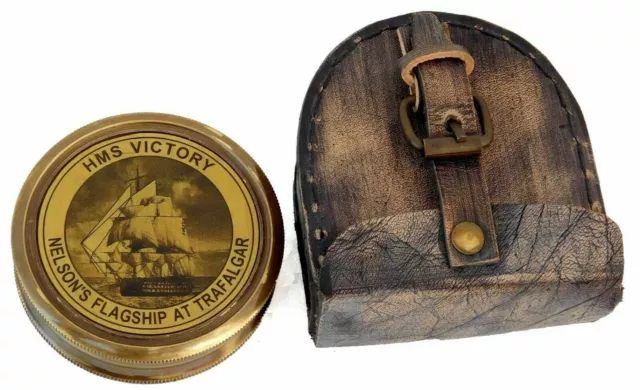2 Inch Vintage Brass Antique HMS Victory Compass Brass with Leather Case Replica