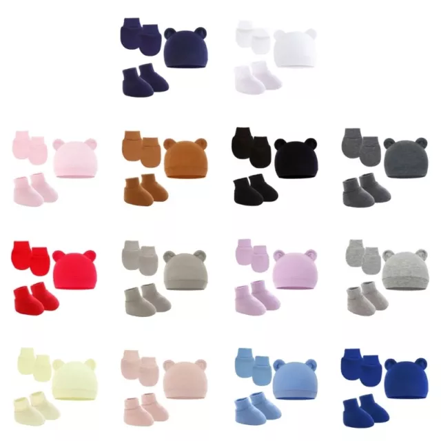 Hats+Gloves+Socks Set 3Pcs Solid Color Cotton Infant Headwear 0-12M Baby