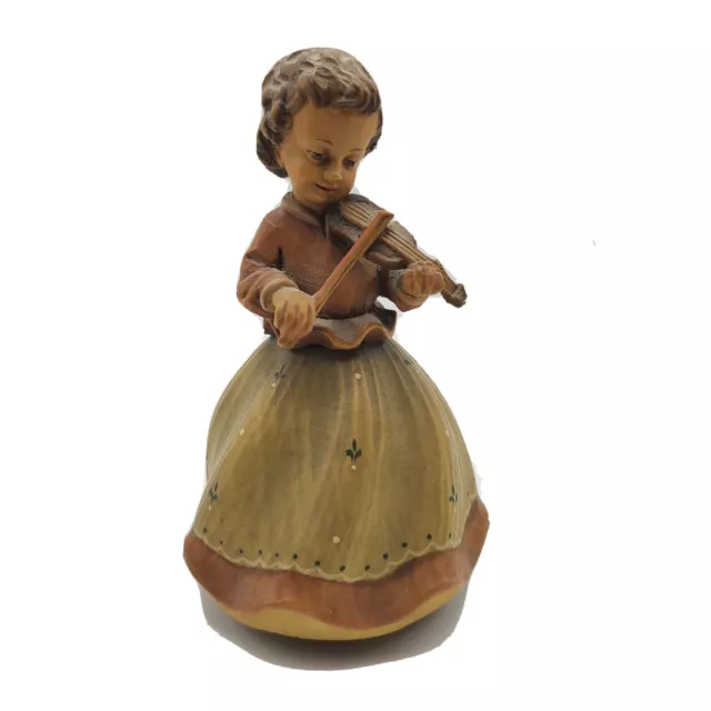 Hand carved Rotating Wooden Music Box Girl w/ Violin REUGE Swiss Movement Vintag