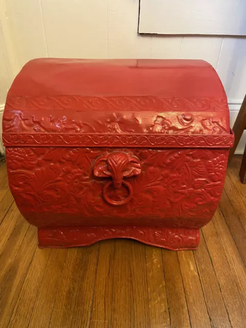 Red Metal Boho Elephant Head Chest Storage Trunk Home Decor Approx 15”X 14”