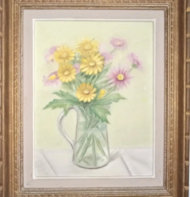 BOUQUET DE FLEURS Nature Morte Huile Signée 1974 Cadre Montparnasse 46x38 cm