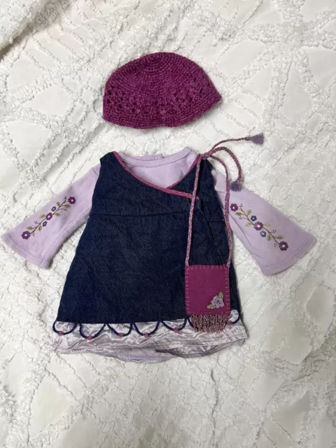 American Girl of Today Denim Purple Jumper Jean Dress & Flower Shirt Purse Hat