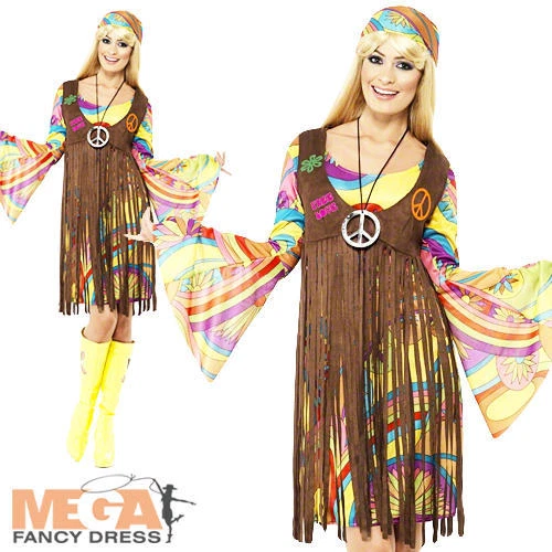 Smiffys - Disfraz Hippie De Flores, Multicolor Con Vestido, Pañuelo Y Medallón, Vestido De Fantasía Groovy De Los Años 60, Disfraces Para Adultos