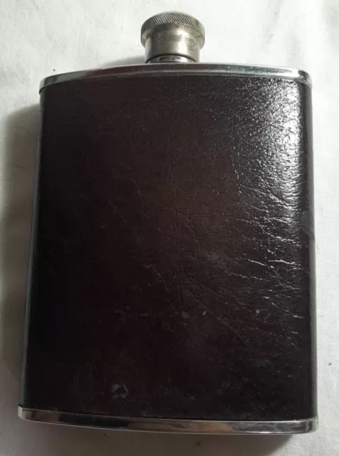 Hip Flask 6oz Stainless Steel / Leather, Made England, Stamped "W", 13.5x9.5x2cm