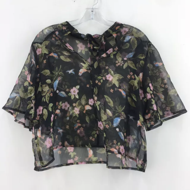 Forever 21 Black Pink Floral Print SS Sheer Overlay Cropped SS Blouse Womens XL