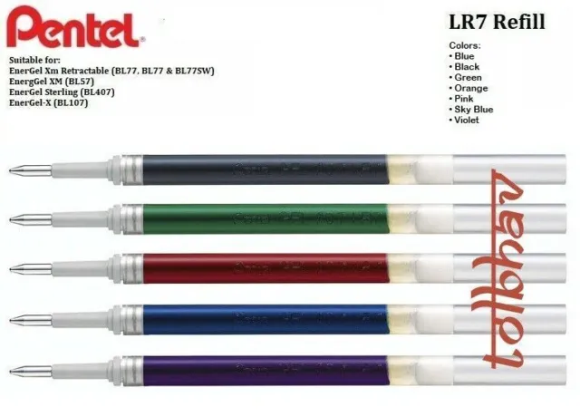 Pentel LR7 EnerGel Roller Liquid Gel Pen Refill 0.7mm Blue Black Violet Red Ink