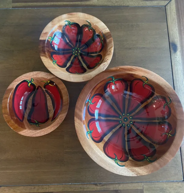 Chilli Peppers Hand Painted Wooden Bowls/Decor, Lacquered - stackable