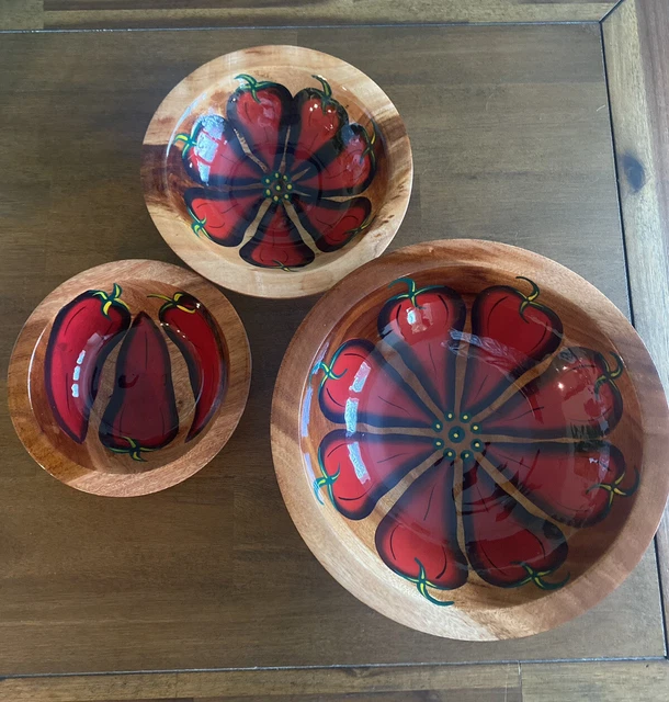 Chilli Peppers Hand Painted Wooden Bowls/Decor, Lacquered - stackable