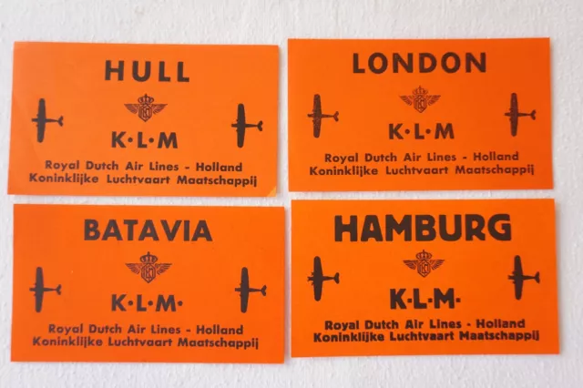 KLM Royal Dutch Air Lines Airline Luggage Label x4 Hull London Batavia Hamburg