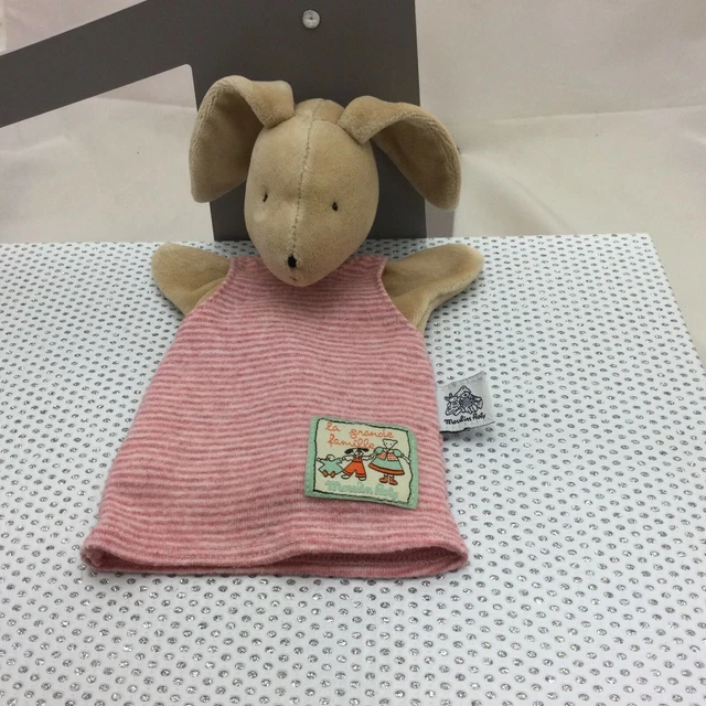 Moulin Roty lapin marionnette doudou beige velours avec robe rayée