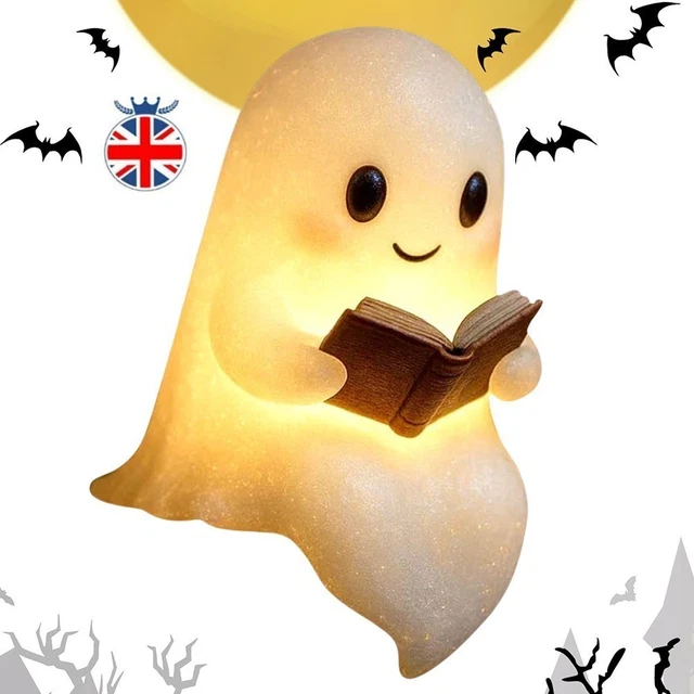 Dropship Cute Ghost Reading Book Lamp, Cute Halloween Ghost Night Light Light Up Ghosts Halloween Decorations For Indoor Home Table Centerpiece Bedroom Shelf Readers 6 Inch