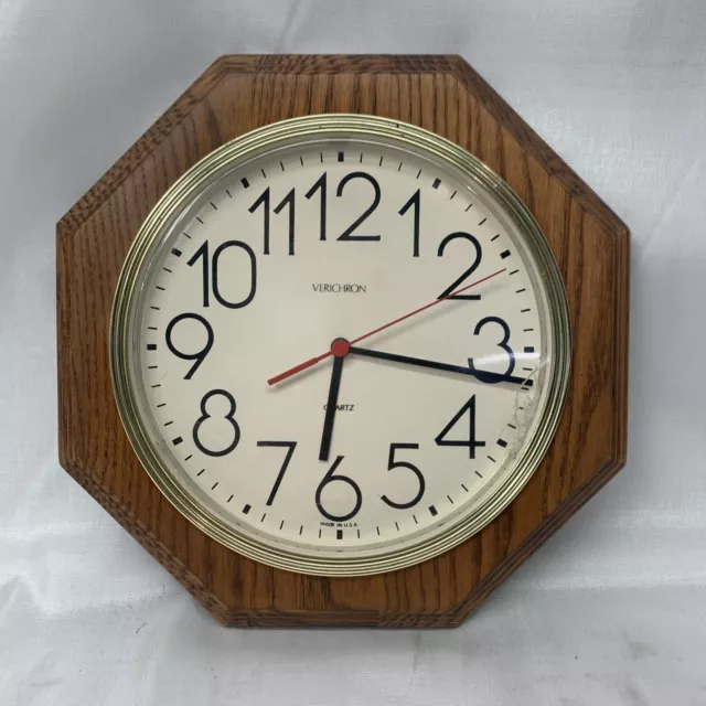 Vintage Verichron Quartz Wall Clock Wood Octagon Frame 10.5 IN Cracked