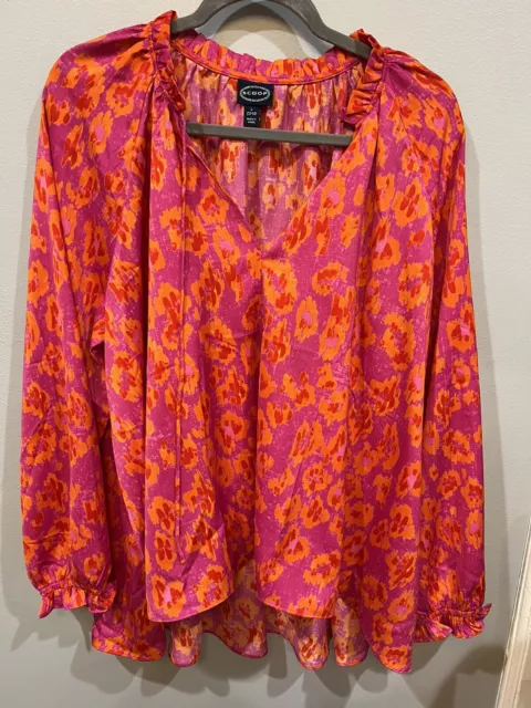 NWT SCOOP Split Neck Peasant Top Ladies Size Large Orange/Pink