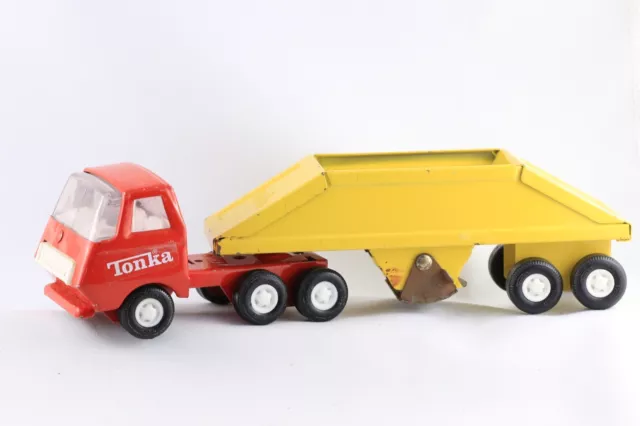 Vintage TONKA Red Semi truck w. Yellow Bottom Dump trailer 1970s