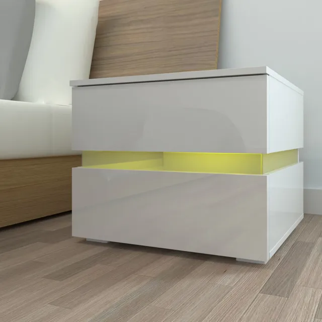 Single White Nightstand Bedside Table With RGB LED & 2 Drawers