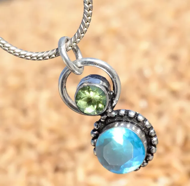 London Blue Topaz, Peridot Cut Gemstone Jewelry 925 Sterling Silver Pendant