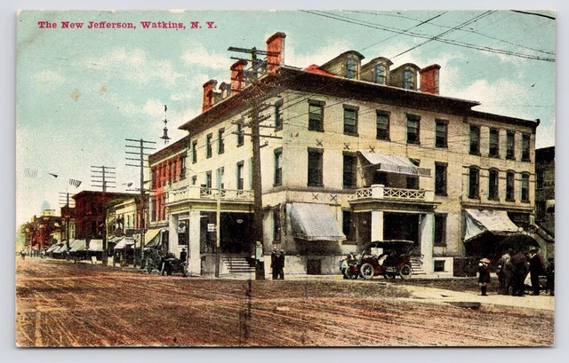 c1908~Watkins Glen New York NY~Jefferson Hotel~Downtown~Dirt Roads~Postcard