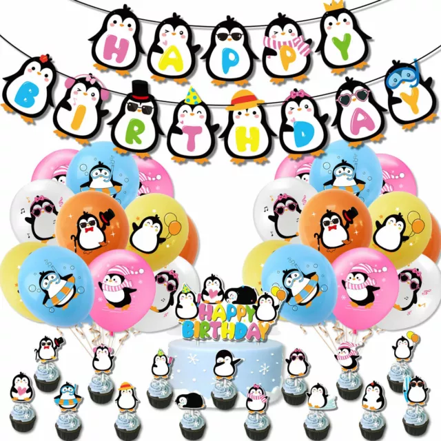 Penguin Party Happy Birthday Banner Bunting Balloons Kids Boys Girls Decoration