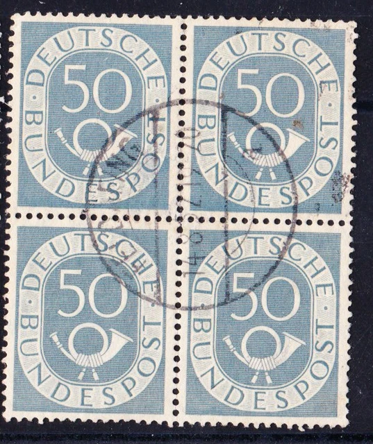 Bund Posthorn, 50 Pf, Mi. 134 im 4er-Block zeitger. & zentr. Vollstempel