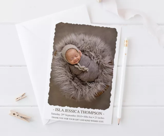 10 Personalised New Baby Thank You Cards / Announcement inc Envelopes + Photo