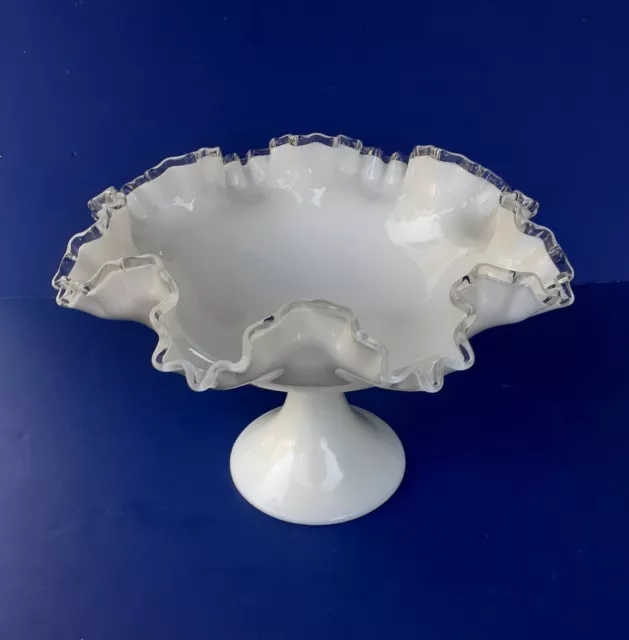 Vintage 11x8" FENTON Silver Crest Ruffled Edge Compote Milk Glass Pedestal Bowl