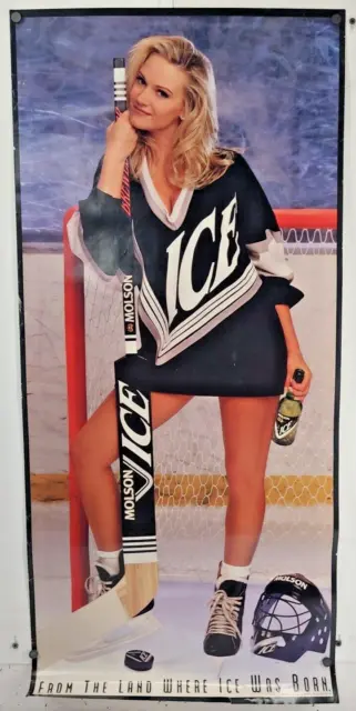 Vintage Molson Ice Beer Poster Hockey Stick Blond Girl Sexy 38x17