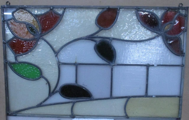 OLD ENGLISH STAINED GLASS WINDOW Unframed w Hooks Pretty Floral 26" x 16.75"