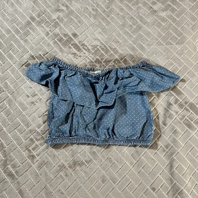 OshKosh Genuine Girls 4 Crop Top Micro Polka Dot Ruched Ruffle Sleeve Chambray