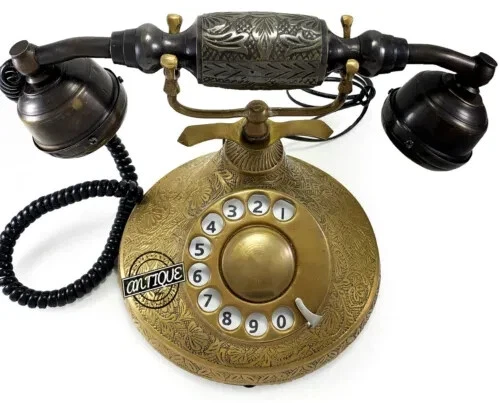 ANTIQUE TELEPHONE BRASS Old Fashioned Rotary Dial Wired Phone Retro ...
