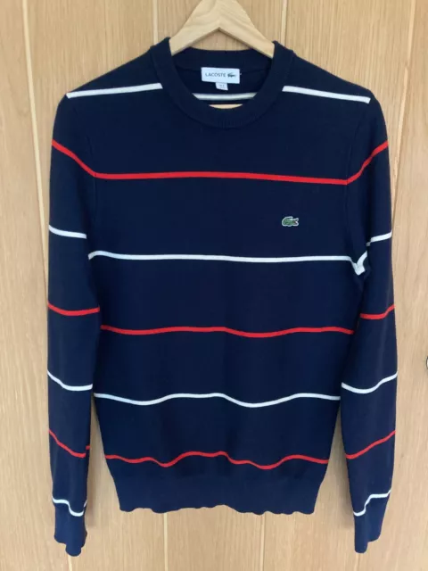 Lacoste Men's Blue Jumper (red and white stipes) Size US S/ FR 3