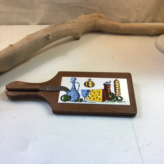 Mid Century Hardwood & Tile Cheese Board Charcuterie Retro 1970's Vintage