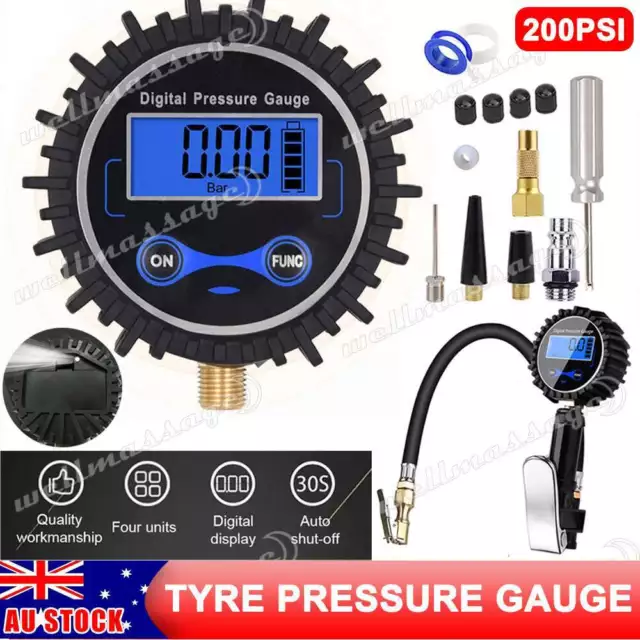 200PSI LED Digital Tyre Inflator Air Pressure Tire Gauge Hose A Car Motorcycle