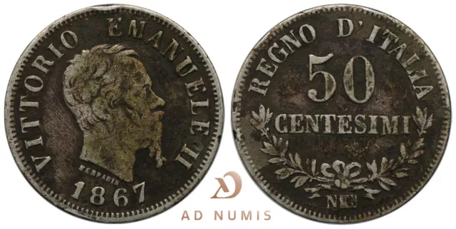 Italie 50 centesimi 1867 N BN argent Vittorio Emanuele II pièce de monnaie