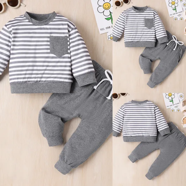 Infant Boy Casual Striped Pullover Long Sleeve T-shirt Solid Cute Pants 2PCS Set