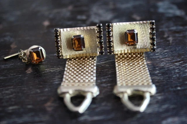 Gold Tone Faceted Diamond Cut Amber Glass Stone Mesh Wrap Cufflinks Tie Tack SET