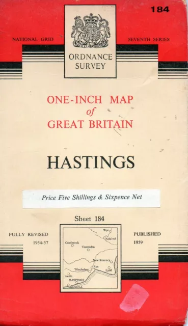 Old Vintage 1957 OS Ordnance Survey One-Inch Map 184 - Hastings