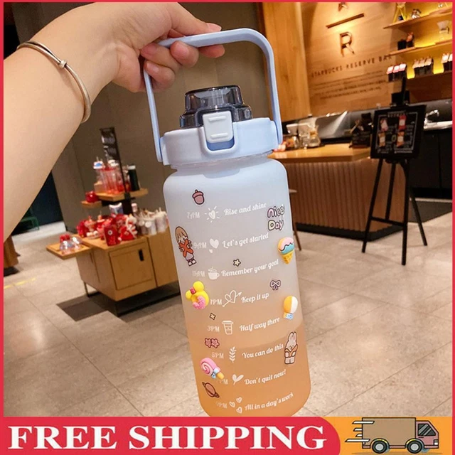 2L Water Bottle Straw Cup Sport Time Scale Jug w/ Stickers (Gradient Blue)