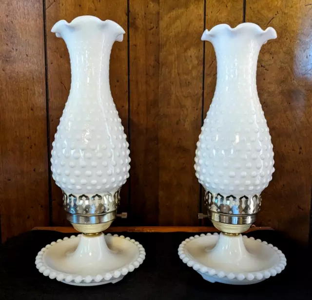 Vtg MCM Set Of 2 White Milk Glass Hobnail Hurricane Shaded Boudoir Lamps 13"