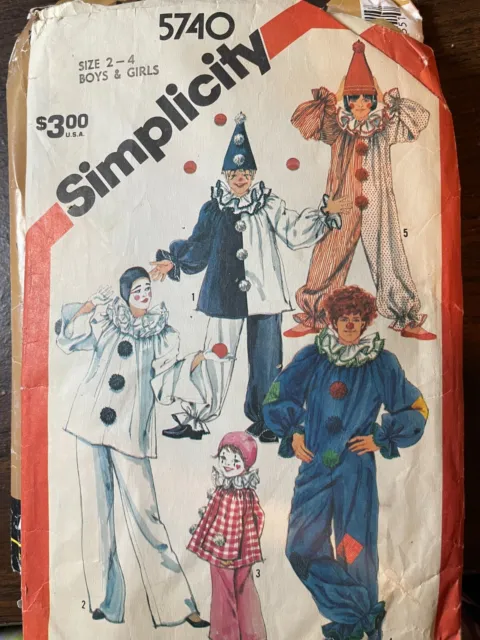 Simplicity 5740 Vintage 70's Boy's & Girl's Clown Costume & Hat Pattern 2-4 CC