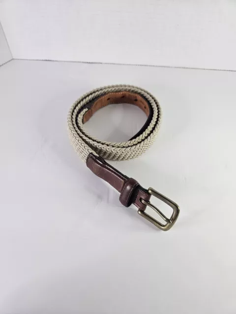 ORVIS MEN’S BEIGE Braided Stretch Rope Belt Sz 44 Leather Trim Made in ...