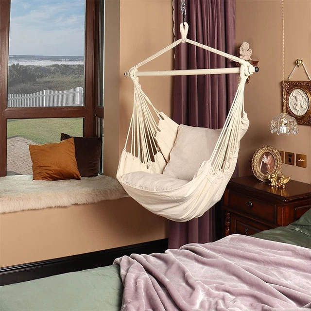 Hanging Rope Swing Hammock Chair 2 Cushions Included, Indoor Outdoor Max: 500lbs