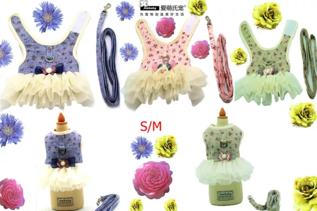 Ambaby Small, Medium Floral Dog Princess Dress Harness Floral Leash Puppy Vests