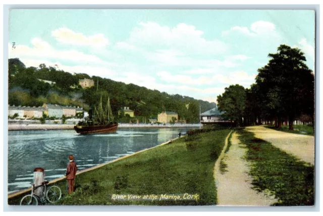 c1910 Biking Boating River View at the Marina Cork Munster Ireland Postcard