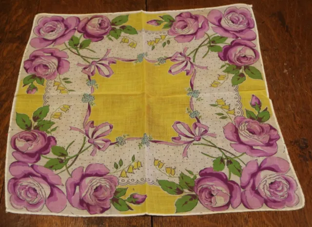 Handkerchief Square Purple Roses & Yellow Vintage Colorful 12" Hanky