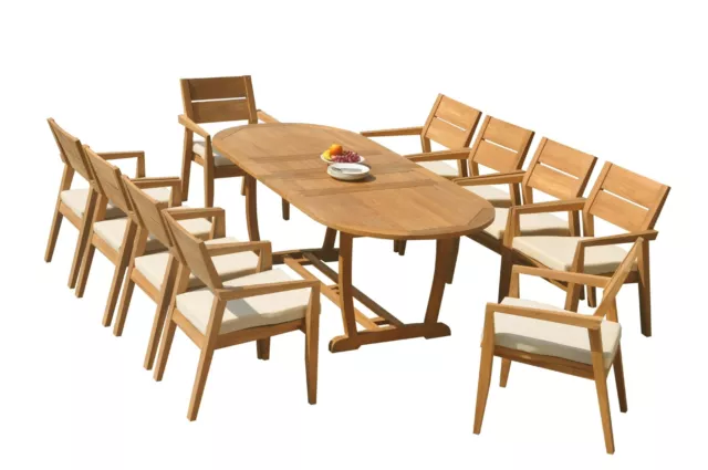 11pc Grade-A Teak Dining Set 94 Mas Oval Table Vellore Stacking Arm Chairs Patio