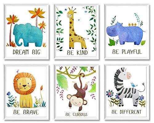 Baby Nursery Decor - Jungle Safari Animal Unframed Wall Art -Set of 6 Posters