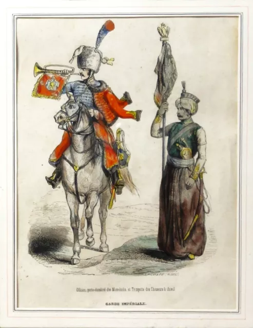 LACOSTE (XIX) h-kolor. Gravur ~1850: Napoleons Garde, Fahnenträger & Jäger 3