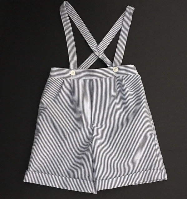 Vtg Boys Clothes 4T Seersucker Shortalls Shorts Blue White Stripe