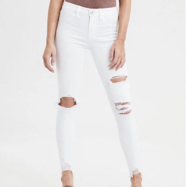 AMERICAN EAGLE HI RISE Distressed White Jeggings Jeans Women Plus