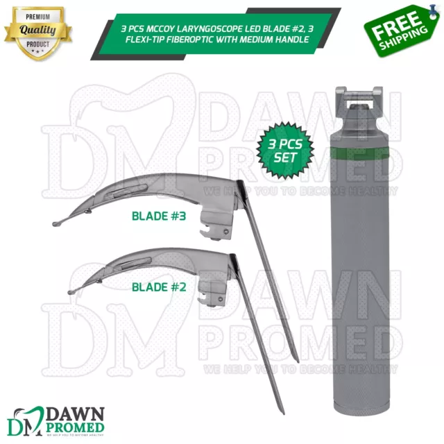 3 Pcs Mccoy Laryngoscope Flexi-Tip Fiberoptic Led Blade #2, 3 Medium Handle